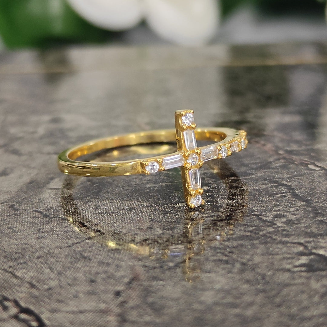 Baguette and Round Diamond Ring - 14K Gold Vermeil Diamond Cross Ring for Woman