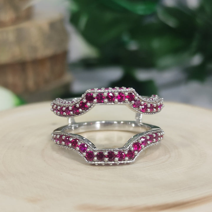 Art Deco Round Cut Ruby Pink Wedding Ring Wrap Guard - Anniversary Gift