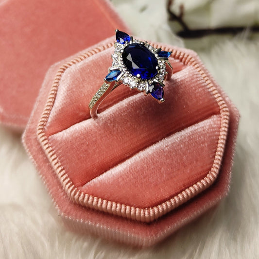 Art Deco Blue Sapphire & White Diamond Wedding Ring For Women