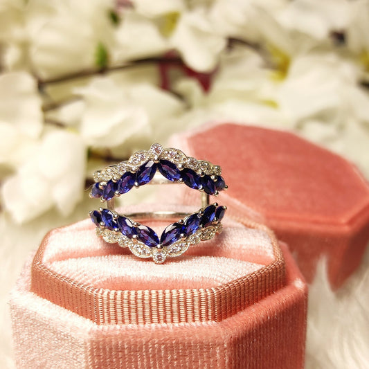 3/4 ct Marquise & Round Cut Blue Sapphire Wedding Enhancer Wrap Ring