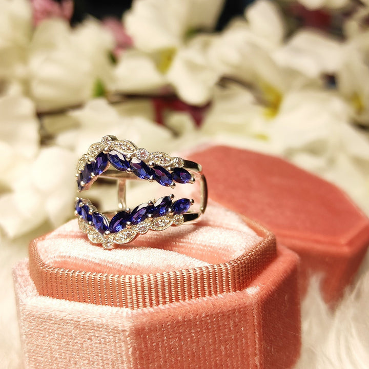 3/4 ct Marquise & Round Cut Blue Sapphire Wedding Enhancer Wrap Ring