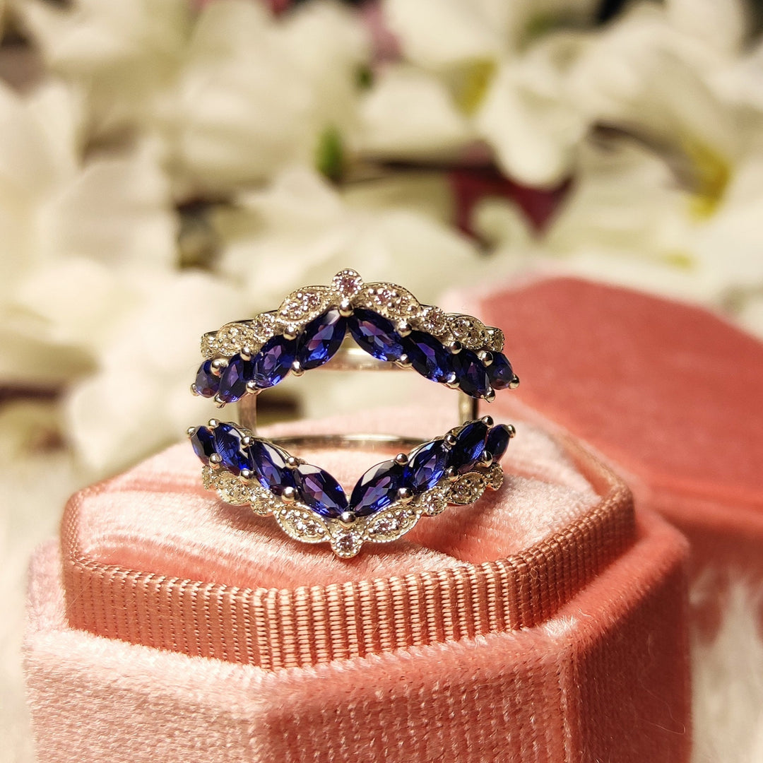 3/4 ct Marquise & Round Cut Blue Sapphire Wedding Enhancer Wrap Ring