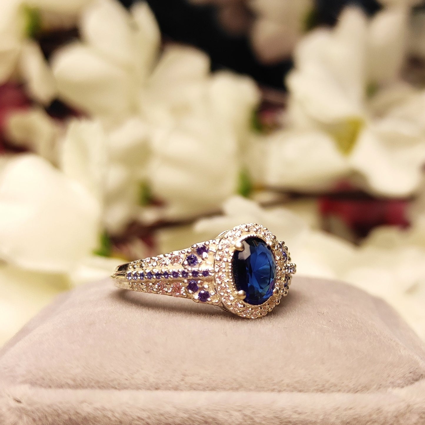 Sapphire & Amethyst & Diamond Halo Wedding Ring