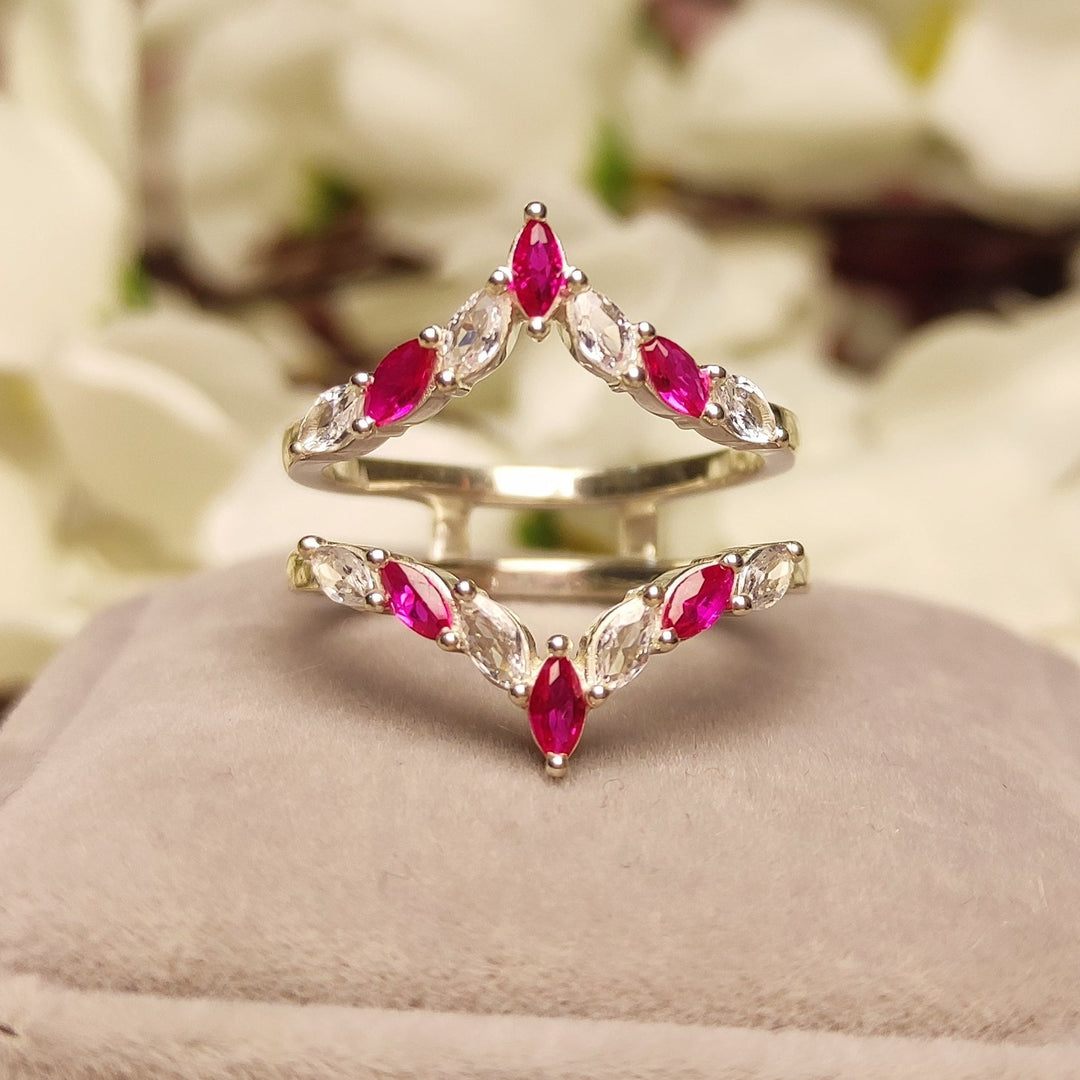 Marquise Cut Ruby & Diamond Wedding Ring - Unique Enhancer Wrap Ring