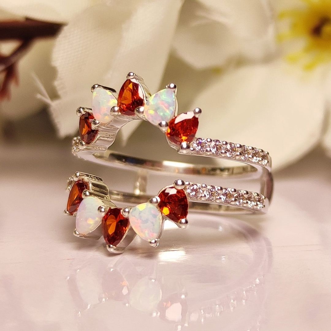 Pear Cut Opal & Garnet Ring Enhancer Genuine Birthstone Ring Guard