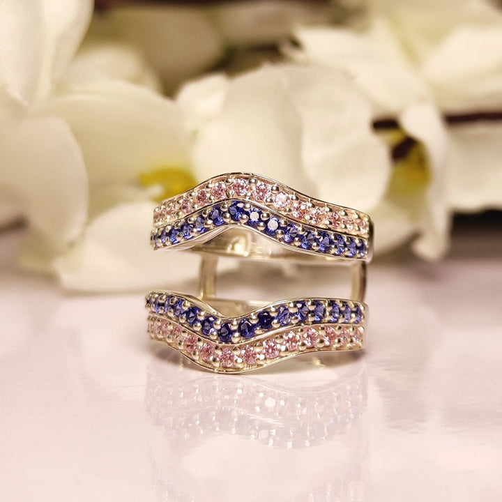 Blue & Pink Sapphire Wedding ring enhancers - 925 Sterling Silver Guard Ring