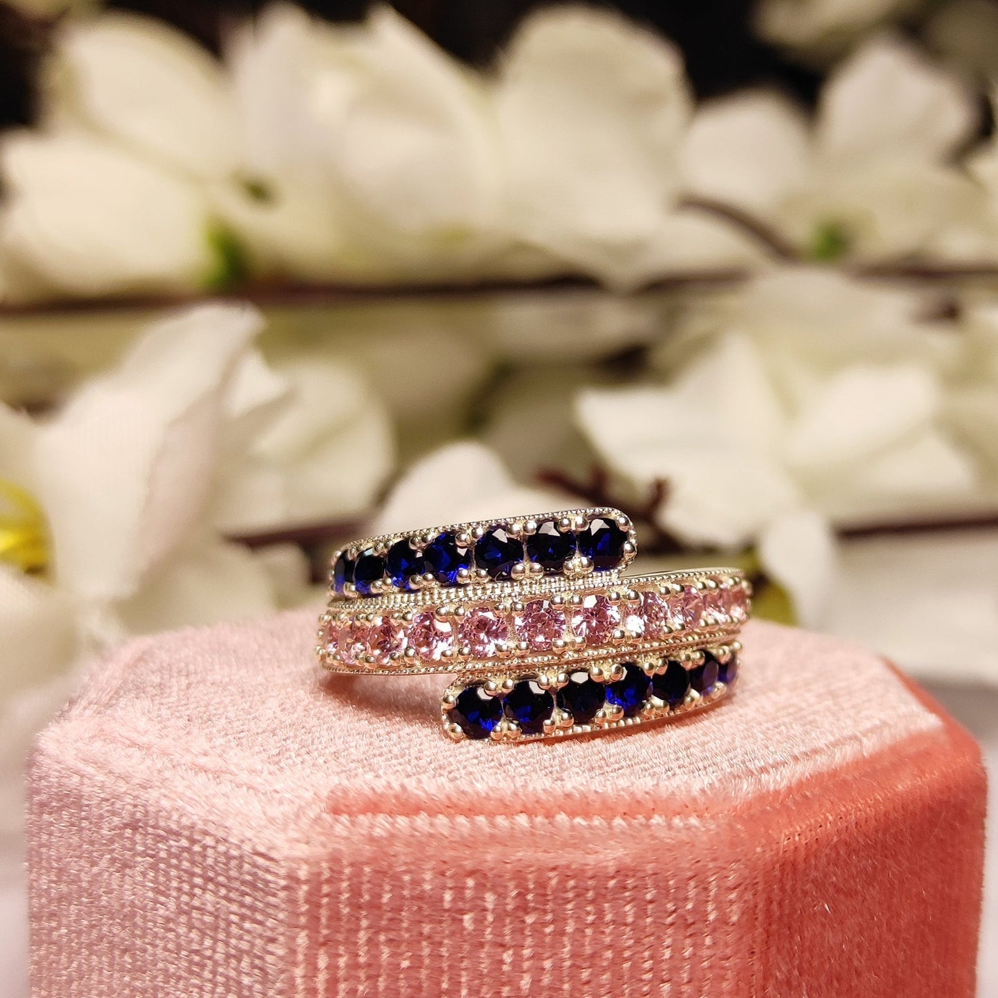 Blue Sapphire & Baby Pink Gemstone Wedding ring enhancers and wraps