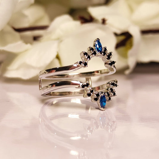 1.00 Ct London Blue Topaz & Black Diamond Wedding Ring Wrap Enhancer