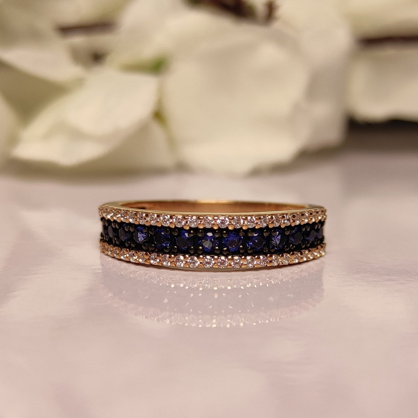 Round Cut Blue Sapphire Half Eternity Wedding Band - Promise Ring