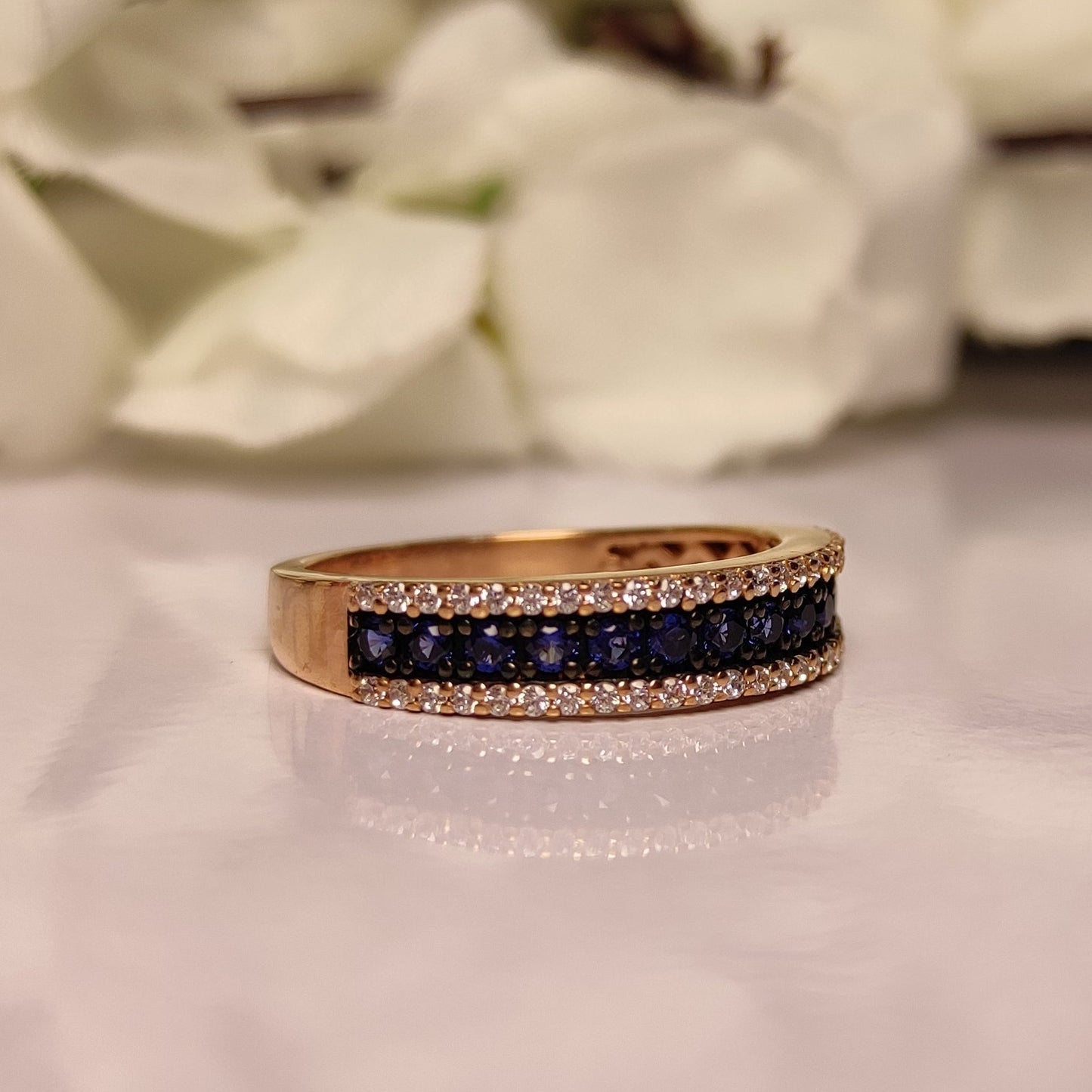 Round Cut Blue Sapphire Half Eternity Wedding Band - Promise Ring