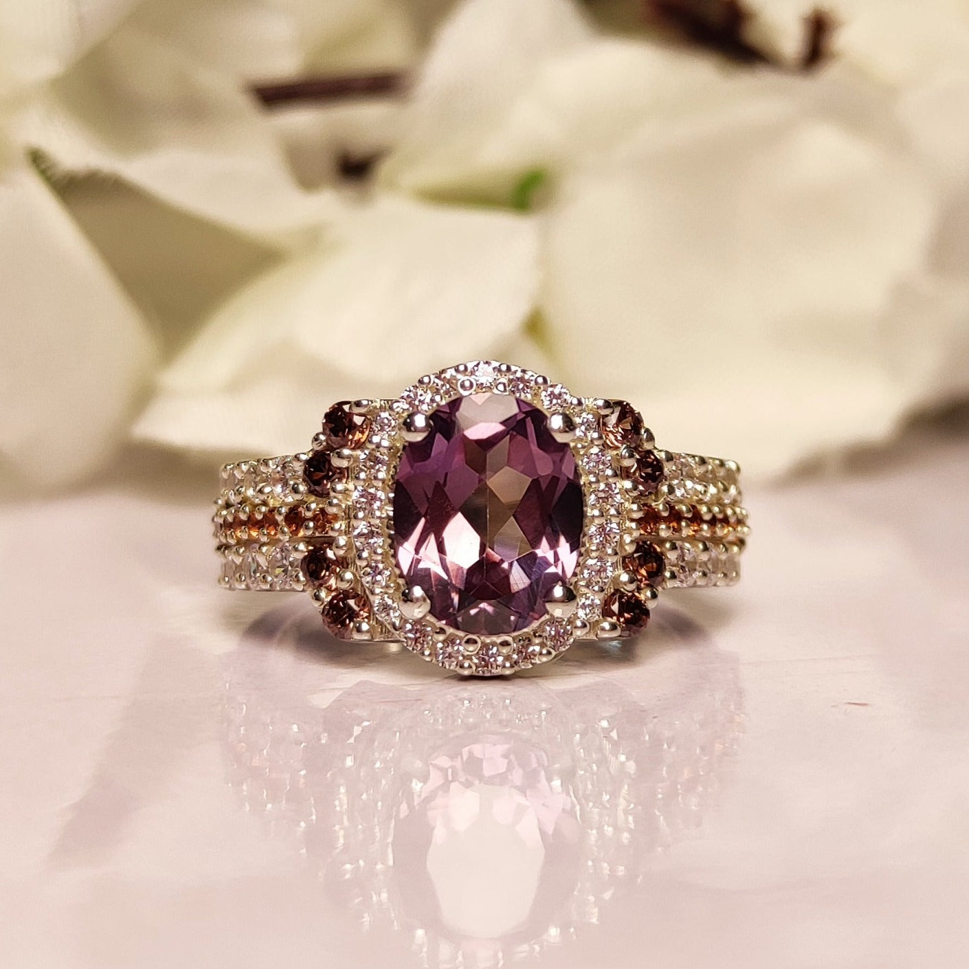 Amethyst and Brown Diamond Engagement Ring - Silver Bridal Halo Setting