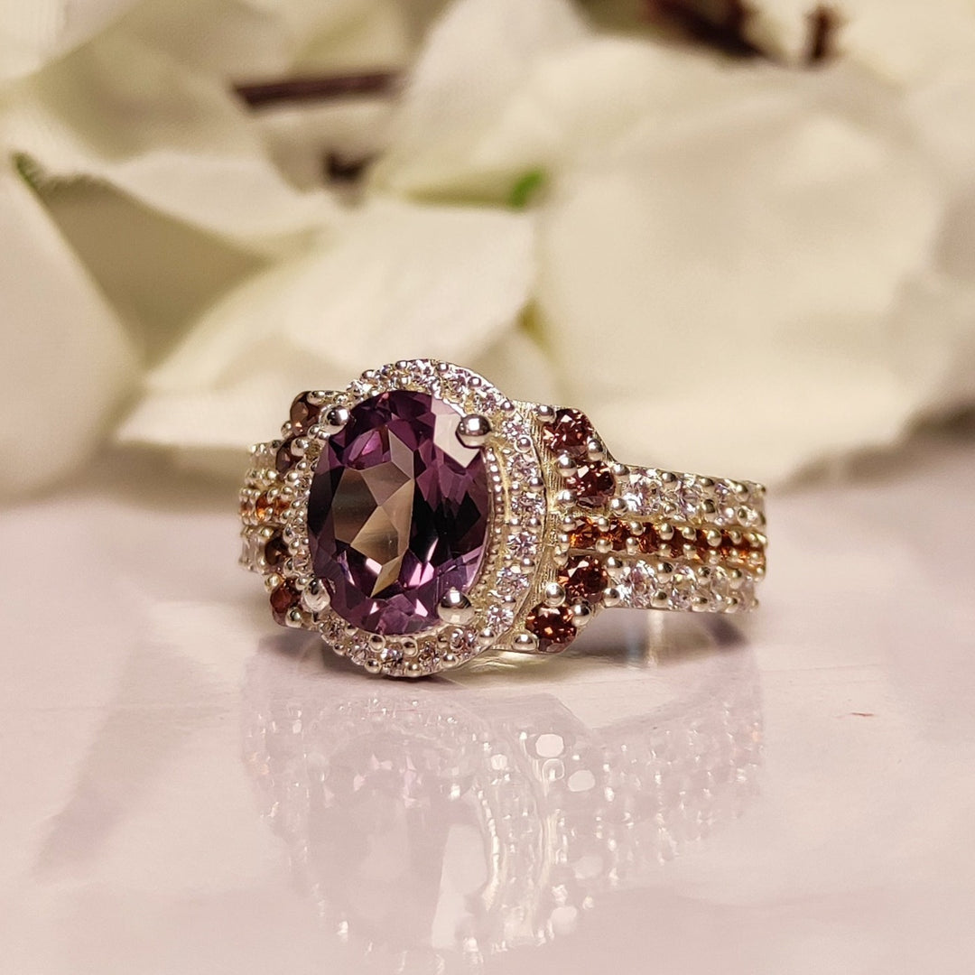 Amethyst and Brown Diamond Engagement Ring - Silver Bridal Halo Setting