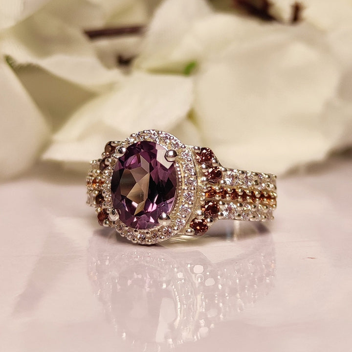 Amethyst and Brown Diamond Engagement Ring - Silver Bridal Halo Setting