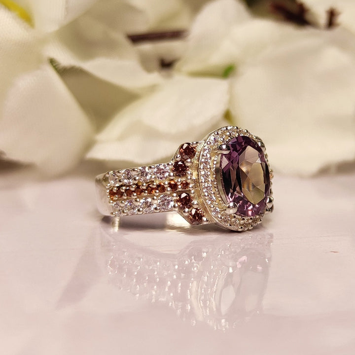 Amethyst and Brown Diamond Engagement Ring - Silver Bridal Halo Setting