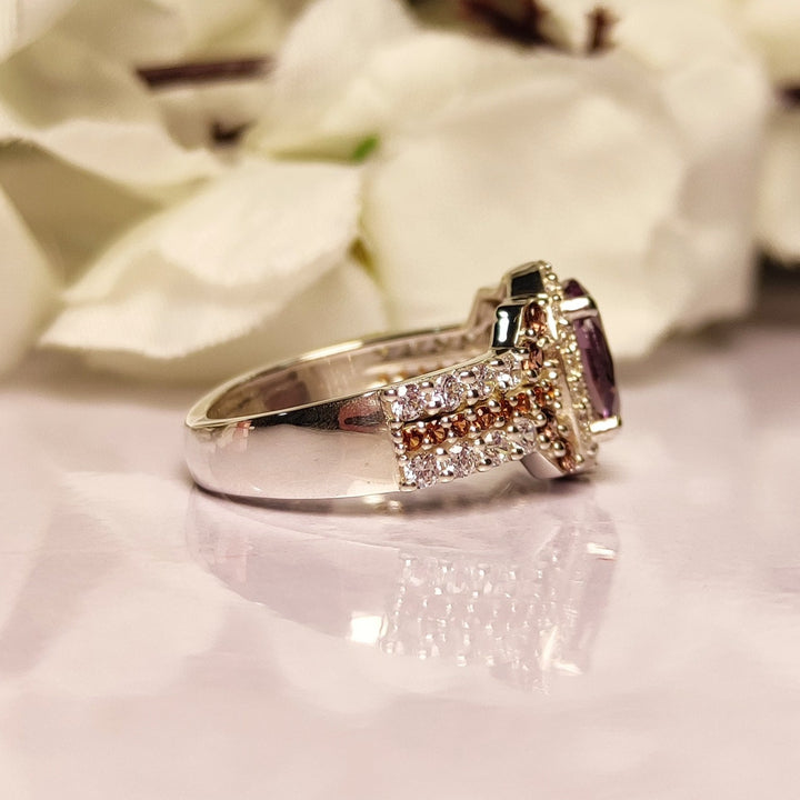 Amethyst and Brown Diamond Engagement Ring - Silver Bridal Halo Setting
