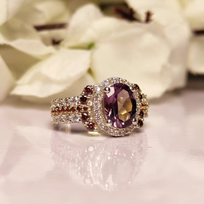 Amethyst and Brown Diamond Engagement Ring - Silver Bridal Halo Setting