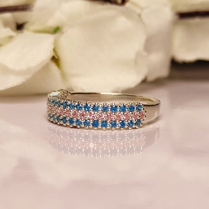 Round Cut Blue Topaz & Pink Sapphire Half Eternity Ring - Statement Ring
