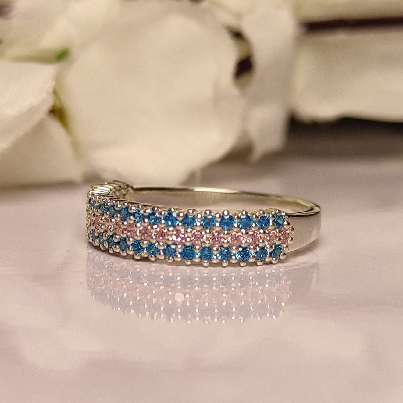 Round Cut Blue Topaz & Pink Sapphire Half Eternity Ring - Statement Ring