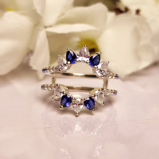 Pear Cut Blue Sapphire & White Diamond Wedding Ring Guard - Ring Jacket