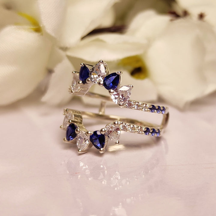 Pear Cut Blue Sapphire & White Diamond Wedding Ring Guard - Ring Jacket