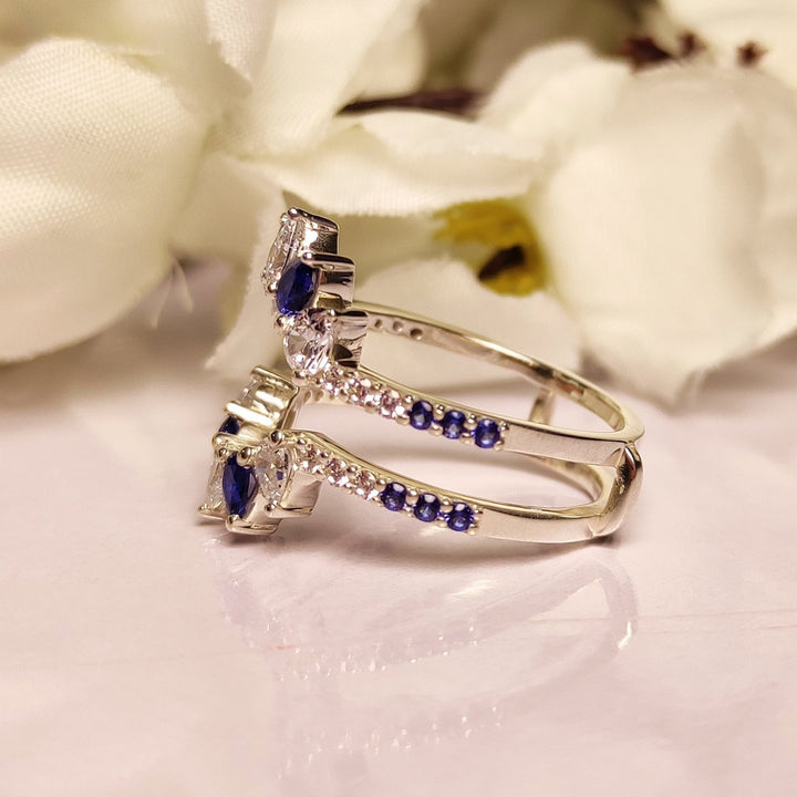 Pear Cut Blue Sapphire & White Diamond Wedding Ring Guard - Ring Jacket