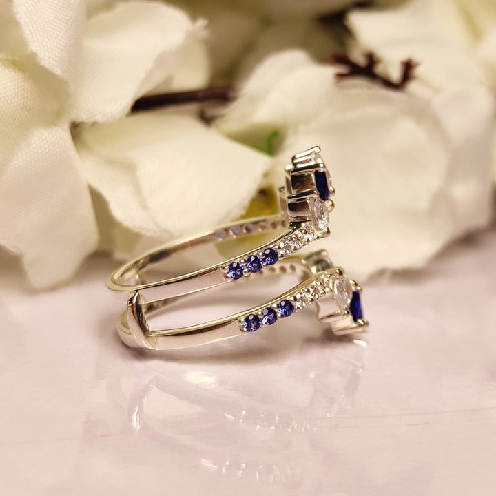 Pear Cut Blue Sapphire & White Diamond Wedding Ring Guard - Ring Jacket