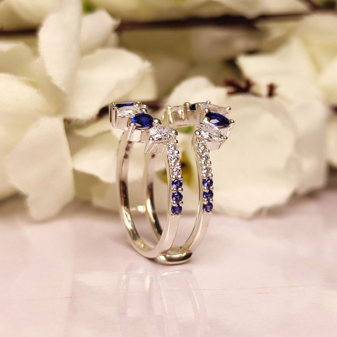 Pear Cut Blue Sapphire & White Diamond Wedding Ring Guard - Ring Jacket