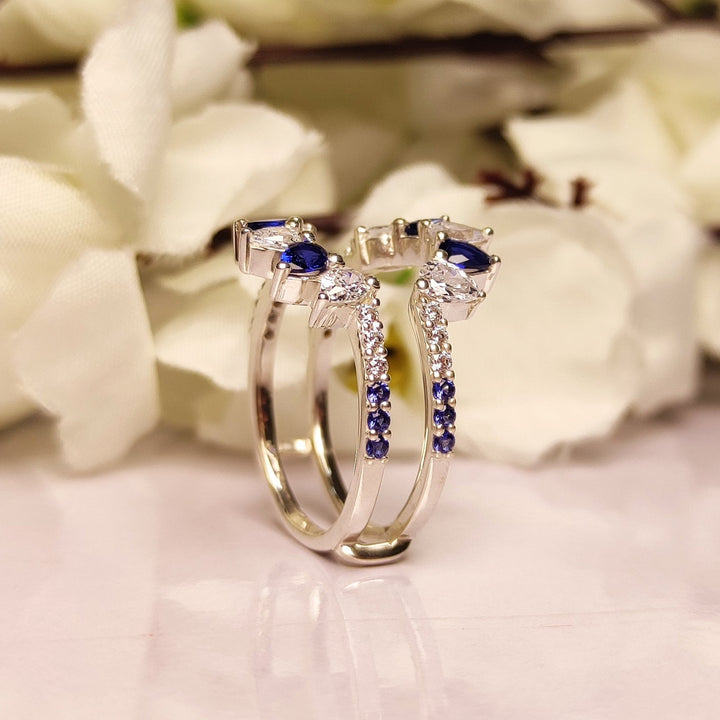 Pear Cut Blue Sapphire & White Diamond Wedding Ring Guard - Ring Jacket