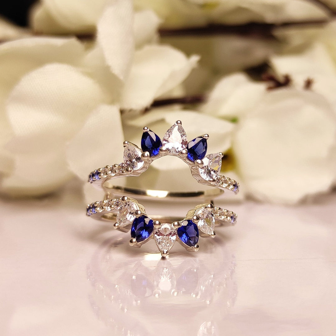 Pear Cut Blue Sapphire & White Diamond Wedding Ring Guard - Ring Jacket