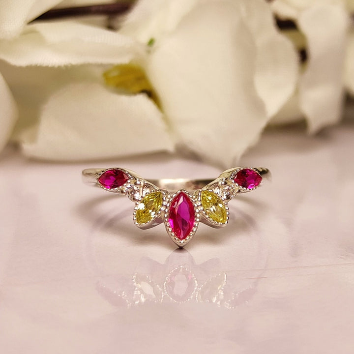 Peridot & Pink Sapphire Diamond Curved Ring - July Birthstone - August Birthstone