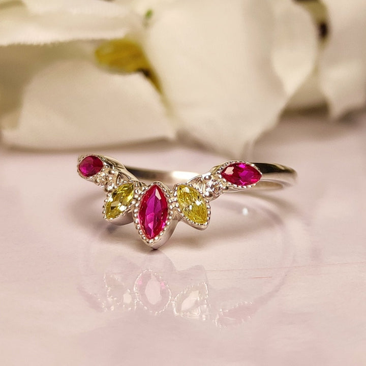 Peridot & Pink Sapphire Diamond Curved Ring - July Birthstone - August Birthstone