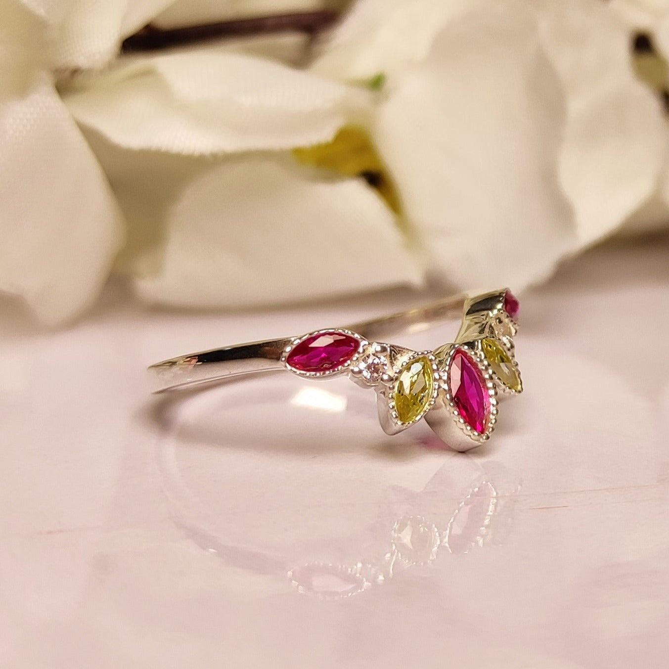 Marquise Peridot & Sapphire Diamond Curved Ring - July Birthstone - August Birthstone