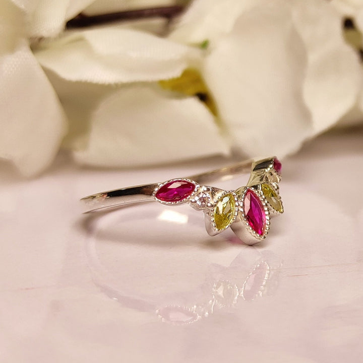 Peridot & Pink Sapphire Diamond Curved Ring - July Birthstone - August Birthstone