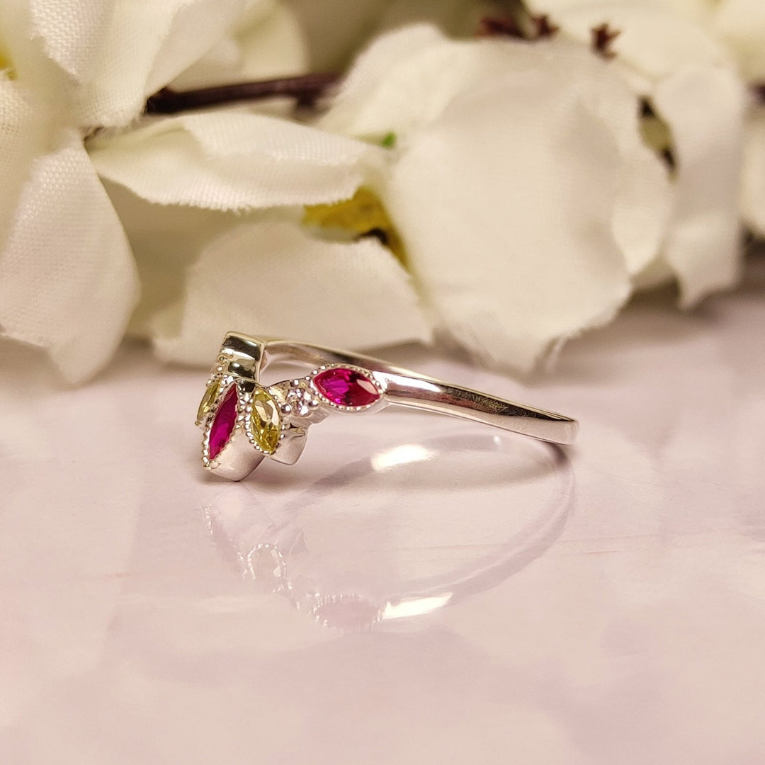 Peridot & Pink Sapphire Diamond Curved Ring - July Birthstone - August Birthstone