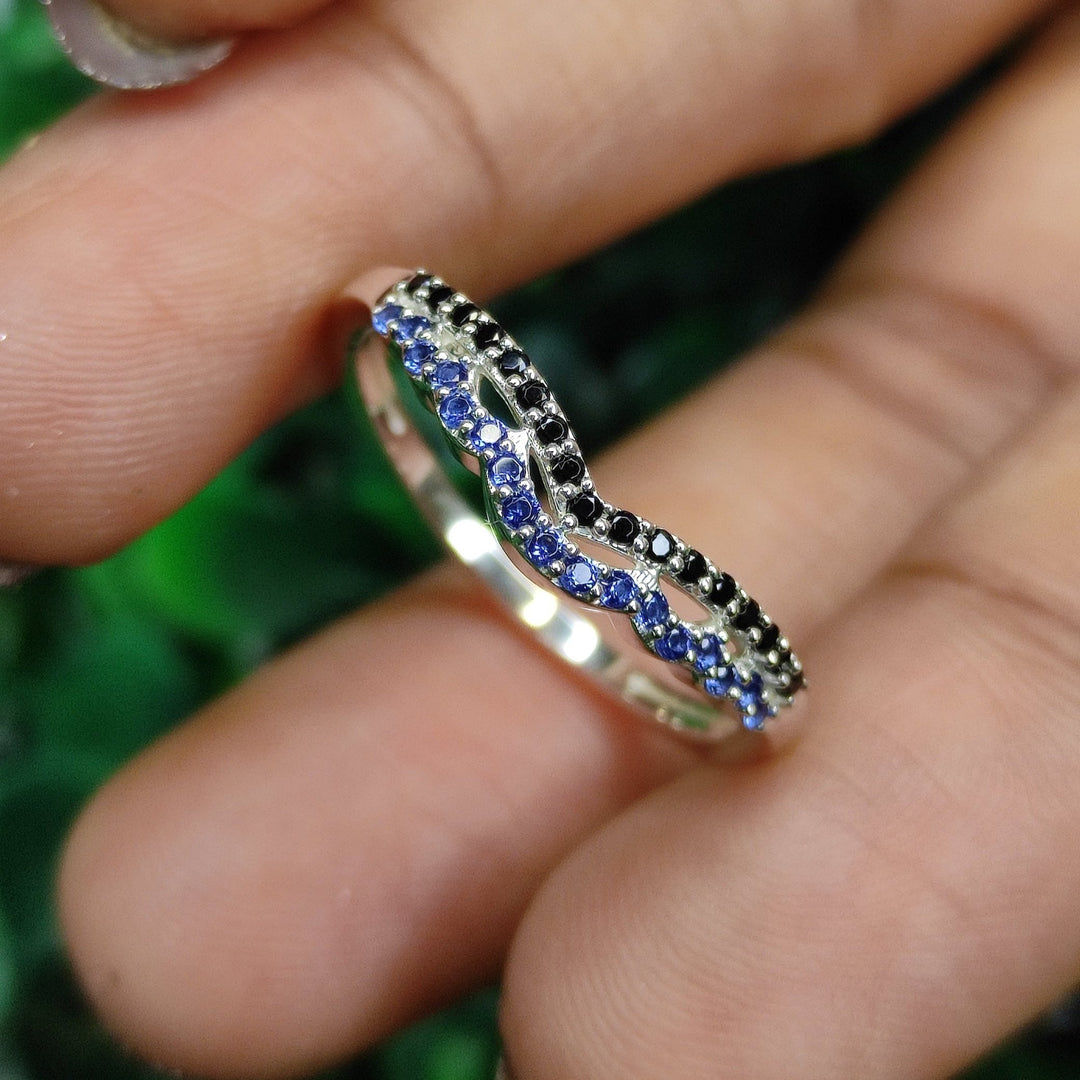 Curved Sapphire & Black Diamond Wedding Band - Delicate Matching Band in 925 Sterling Silver - Special Gift