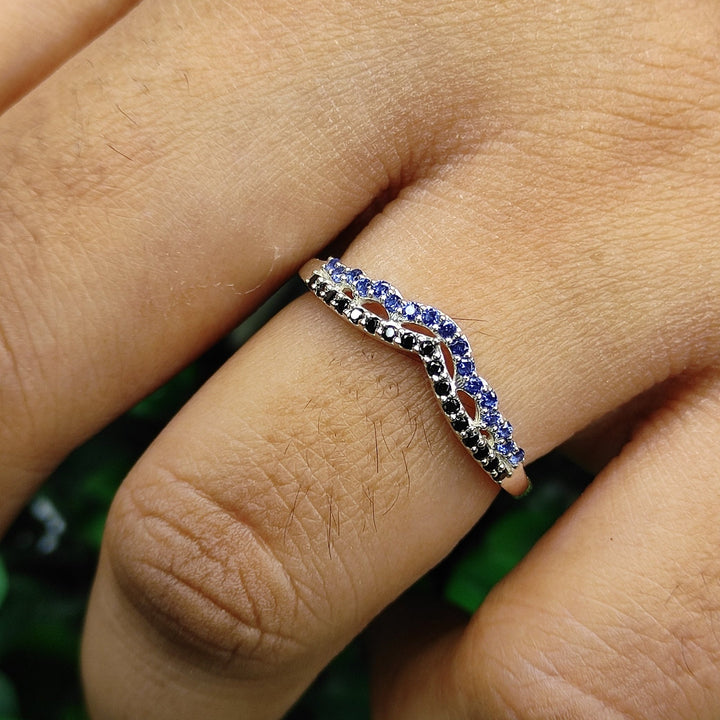 Curved Sapphire & Black Diamond Wedding Band - Delicate Matching Band in 925 Sterling Silver - Special Gift