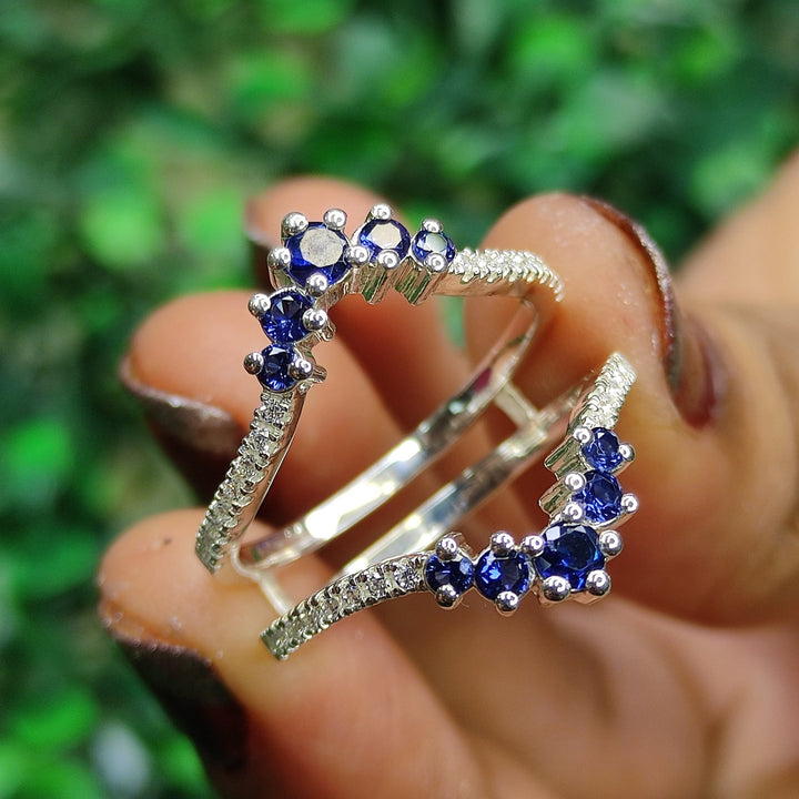 Vintage Round Cut Blue Sapphire Wrap Ring Enhancer - Wedding Ring Jacket - Birthday Gift