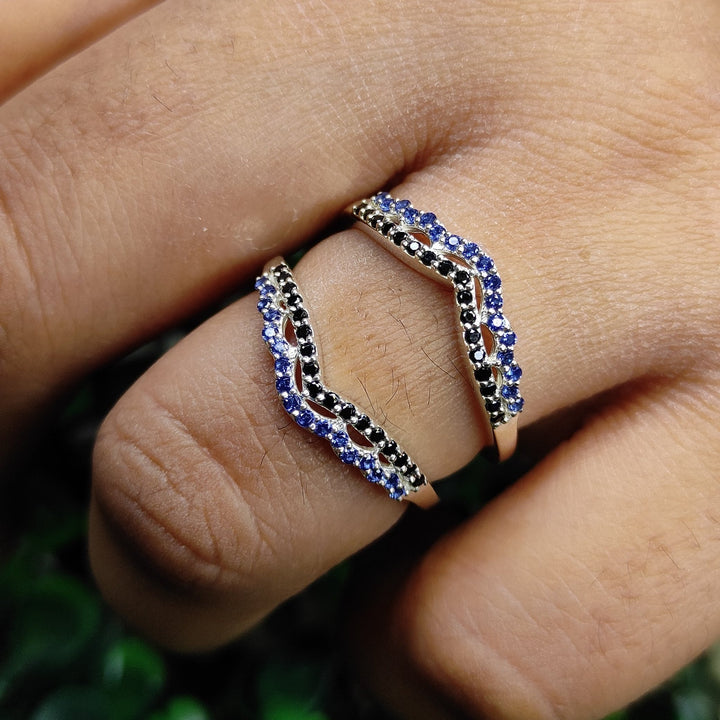 Sapphire & Black Diamond Wrap Ring Jacket in 925 Sterling Silver - Gift For her