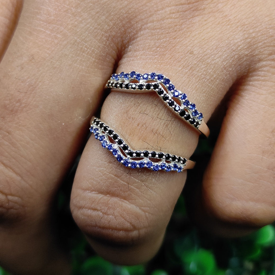 Sapphire & Black Diamond Wrap Ring Jacket in 925 Sterling Silver - Gift For her