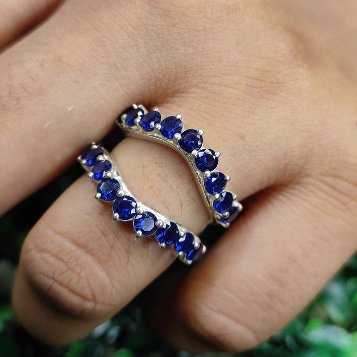 Blue Sapphire Engagement Ring guard in 14K White Gold Finish - Solitaire Enhancer Wrap Ring Jacket For Women