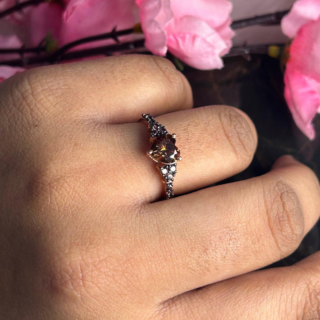 Antique Heart Natural Champagne Diamond Ring in 14K Rose Gold Finish