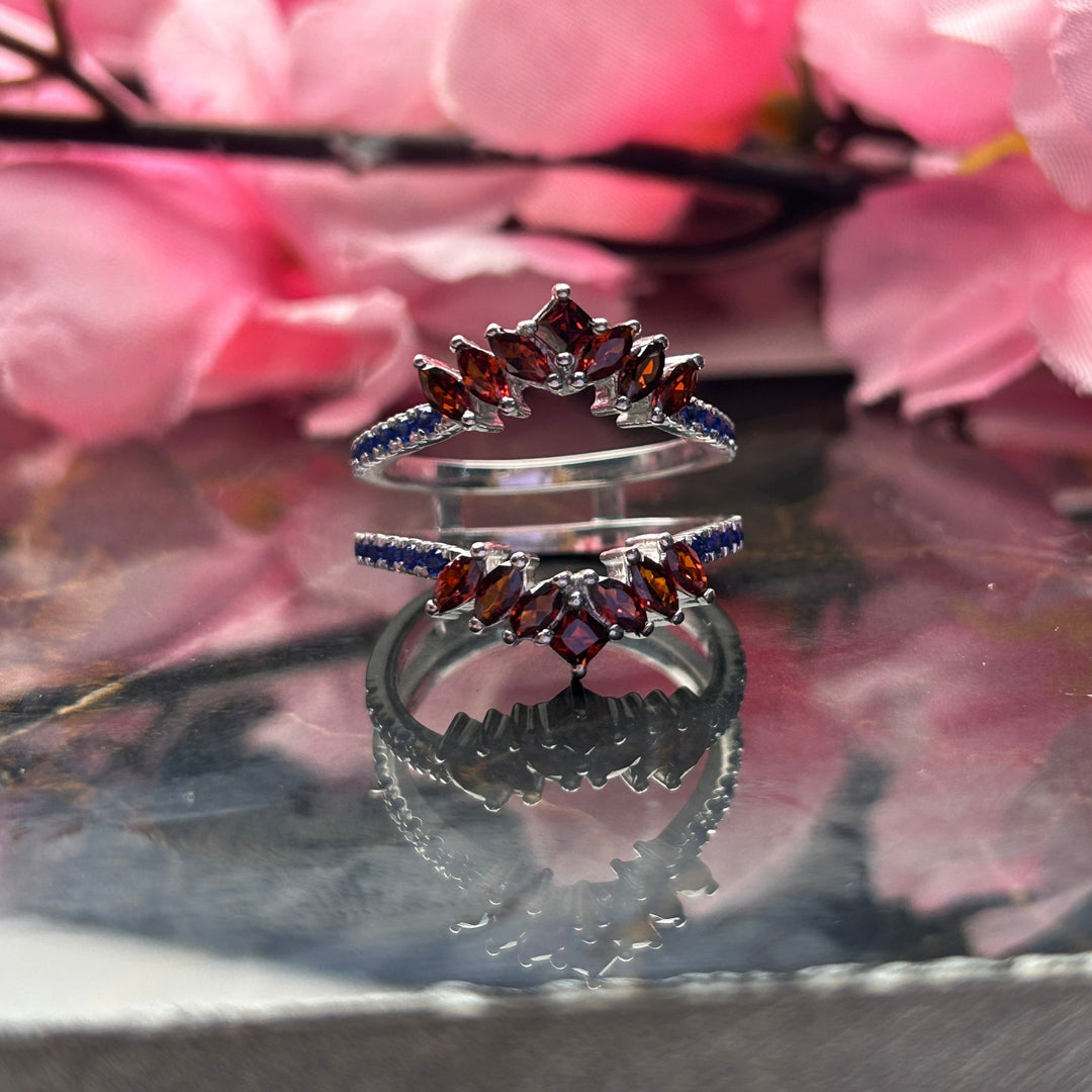 Red Garnet & Blue Sapphire Enhancer Ring in 925 Sterling Silver - Wedding Engagement Ring Guard