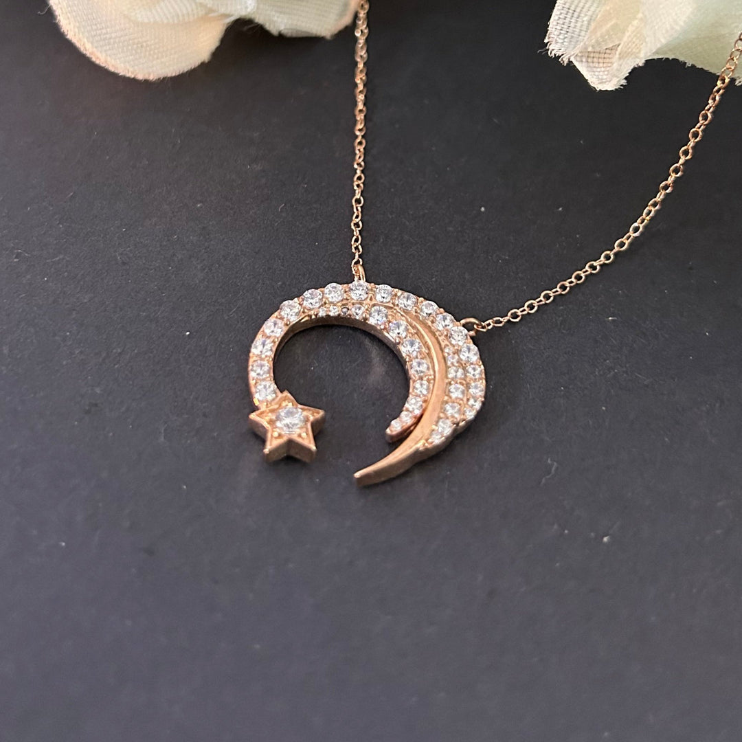 Meteor Garden: Shan Cai's Star & Moon Necklace With Diamond Pendent - 14K Rose Gold Diamond Crescent Moon Star Necklace