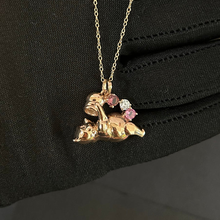 Pink Sapphire & Diamond Classic Winnie The Pooh 14k Rose Gold Charm Necklace - Bear Charm Pooh Jewelry Pendant Necklace