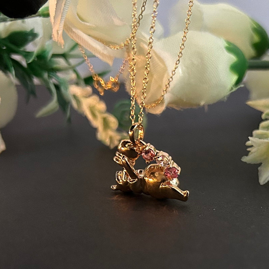 Pink Sapphire & Diamond Classic Winnie The Pooh 14k Rose Gold Charm Necklace - Bear Charm Pooh Jewelry Pendant Necklace