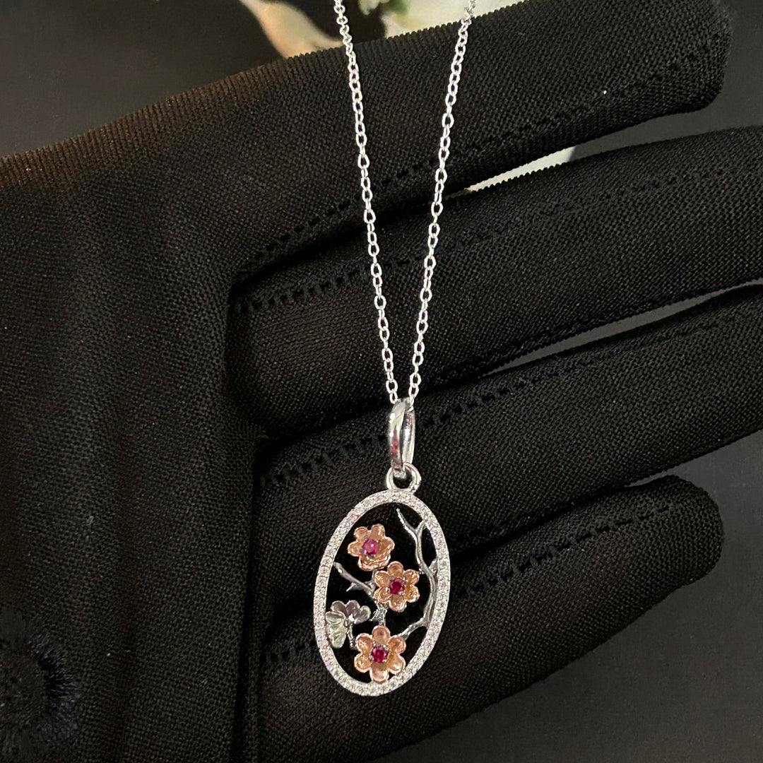 Round Cut Ruby Pink & White Diamond Flower Pendant Neclace 14k White Gold - Nature Inspired Pendant Gift For Her