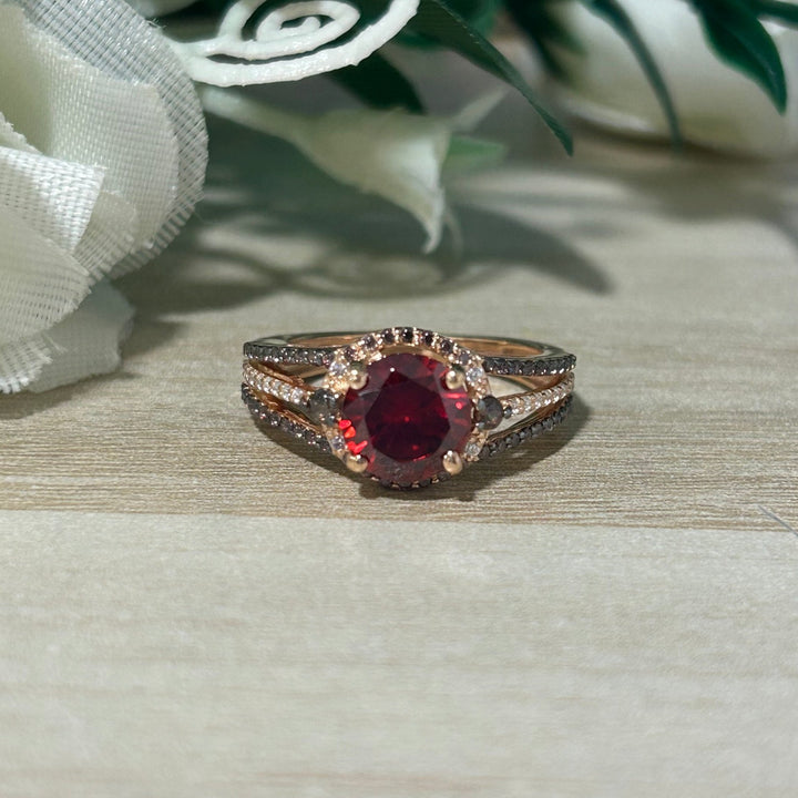 Round cut Ruby Halo Engagement ring 14k Rose Gold Finish Over July Birthstone promise ring - delicate ruby ring