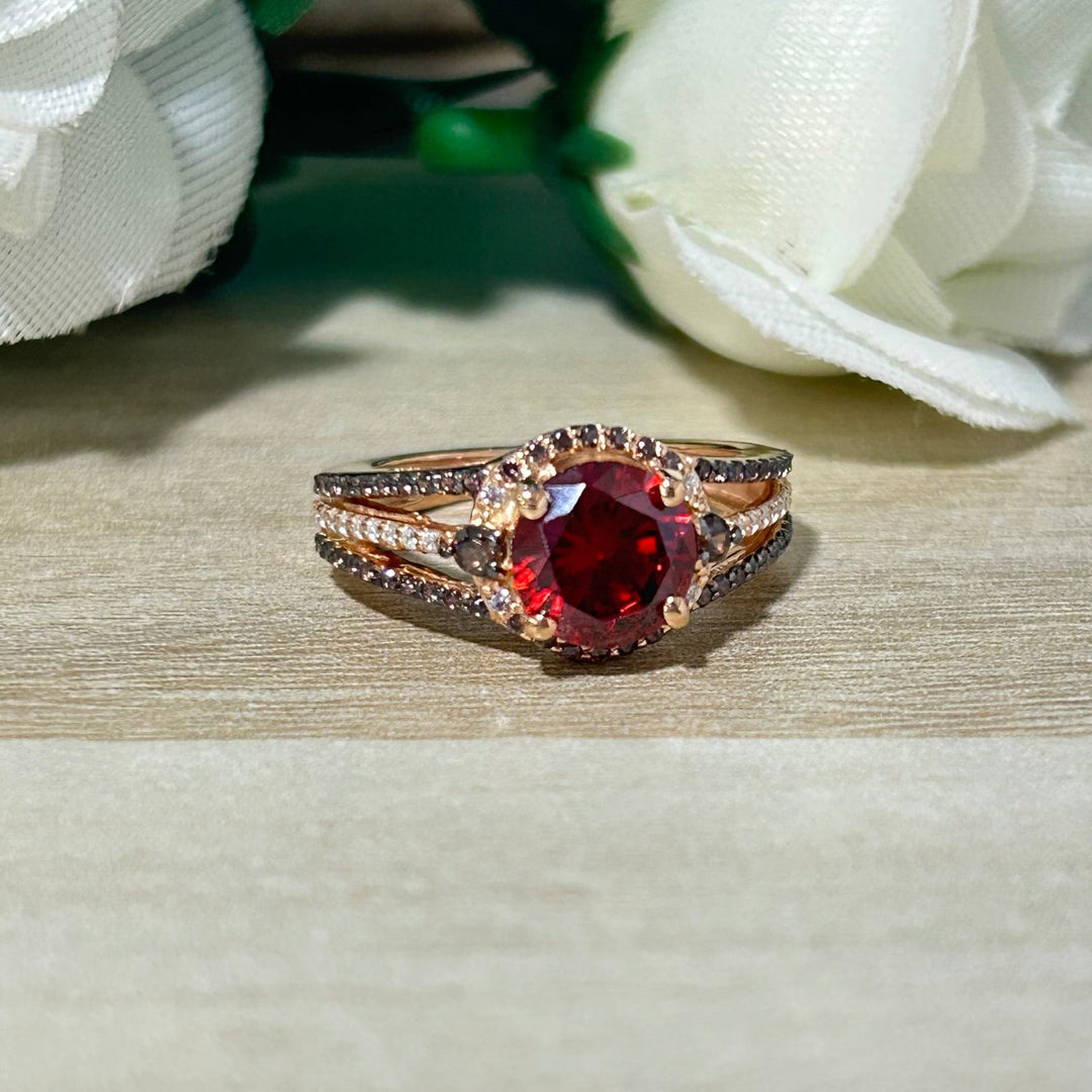 Round cut Ruby Halo Engagement ring 14k Rose Gold Finish Over July Birthstone promise ring - delicate ruby ring