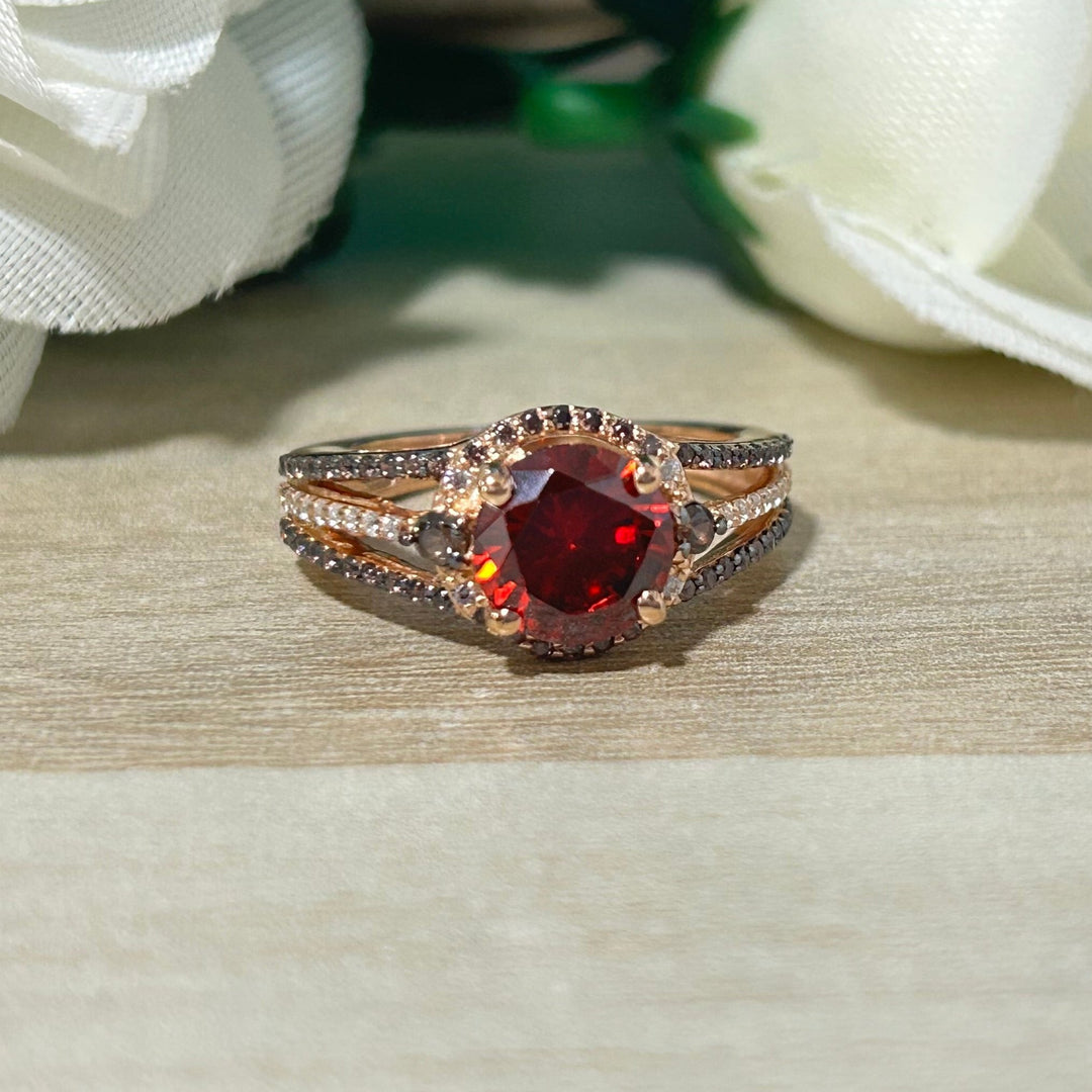 Round cut Ruby Halo Engagement ring 14k Rose Gold Finish Over July Birthstone promise ring - delicate ruby ring