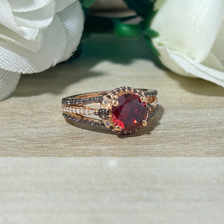 Round cut Ruby Halo Engagement ring 14k Rose Gold Finish Over July Birthstone promise ring - delicate ruby ring